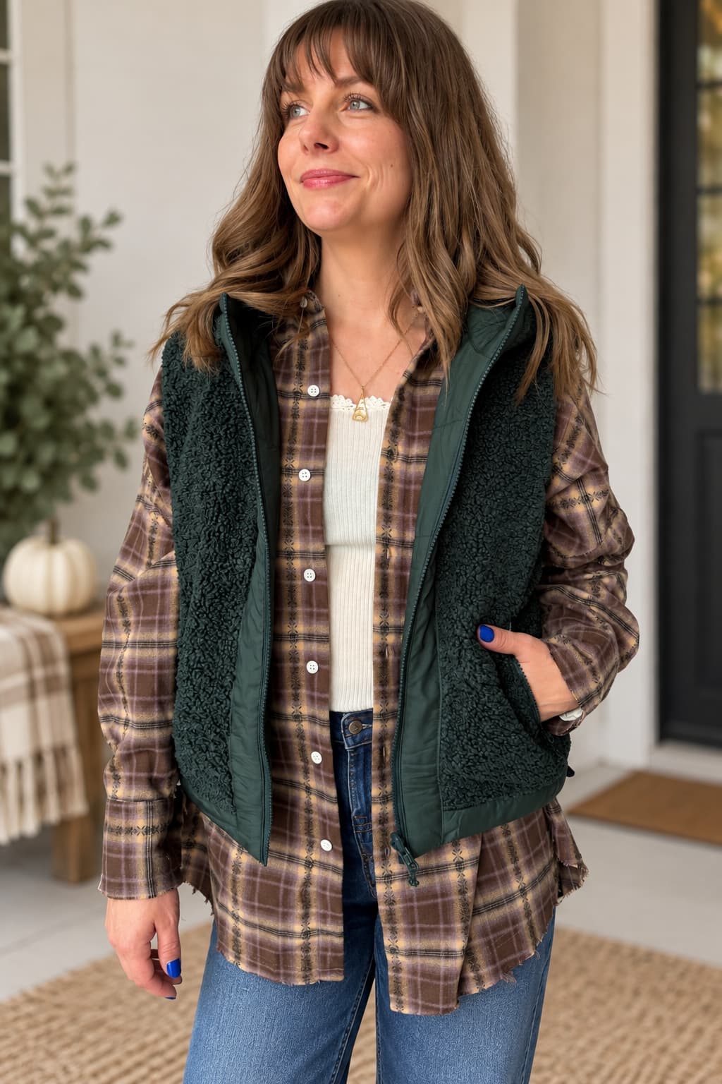 A woman wearing a dark green fleece-lined plaid overshirt over a white top and blue jeans, standing on a porch.