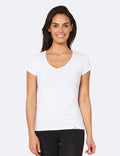 woman wearing White V-Neck Tee