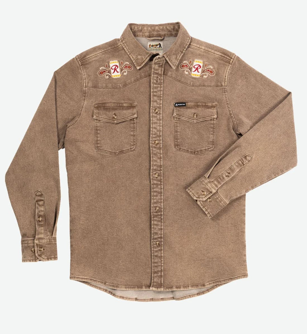 A brown long-sleeve western-style shirt jacket with embroidered shoulder patches, two chest pockets, and a button-down front, shown on a light gray background.