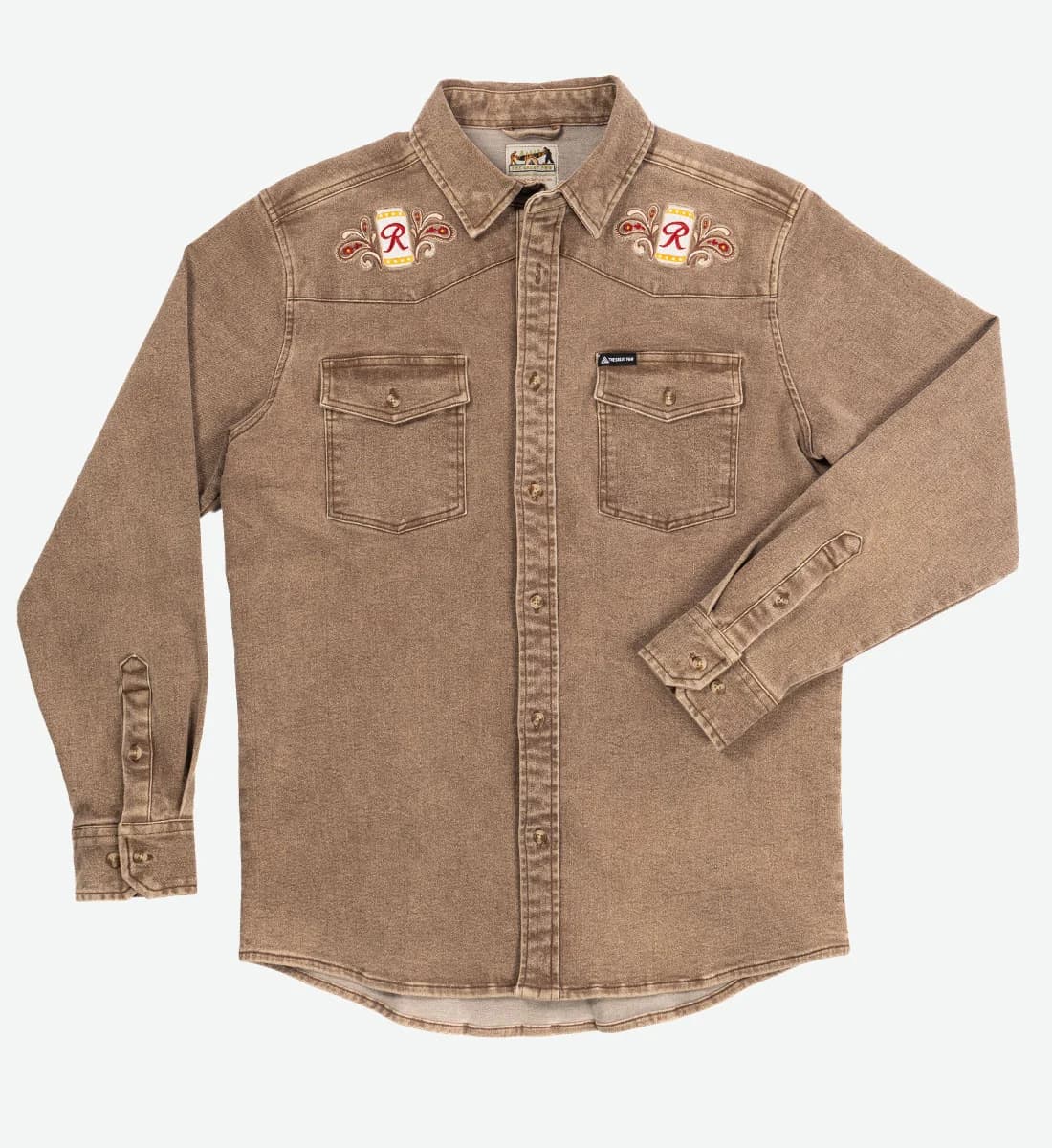 A brown long-sleeve western-style shirt jacket with embroidered shoulder patches, two chest pockets, and a button-down front, shown on a light gray background.