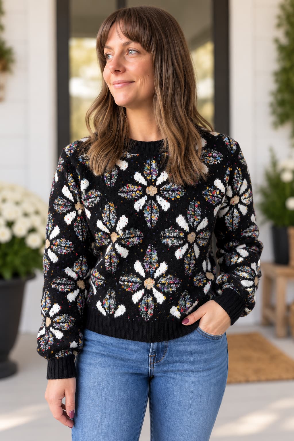 A woman wearing a black knit sweater with a large white and multicolor floral pattern, paired with blue jeans, standing on a porch.