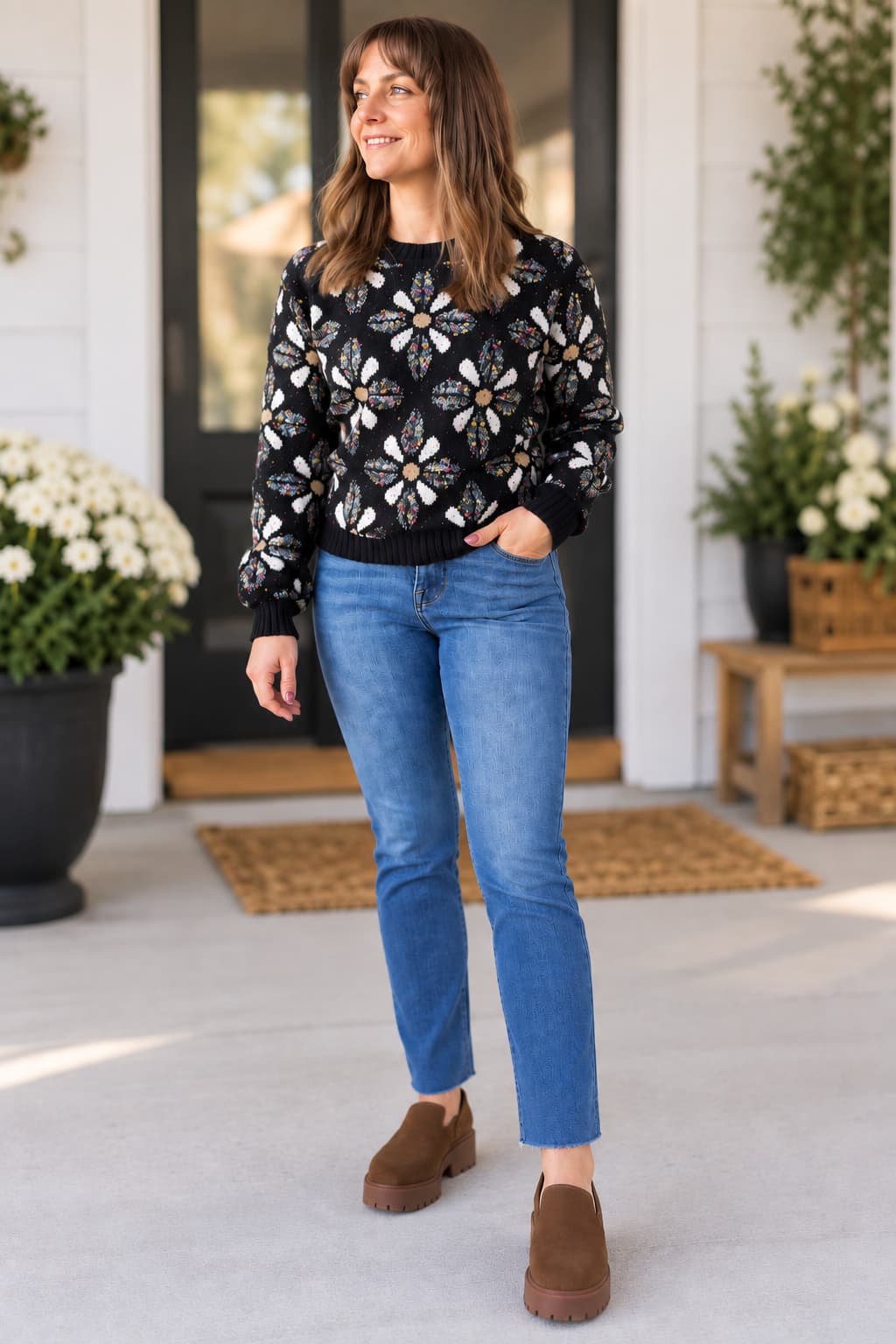 A woman stands on a porch wearing a black crewneck sweater with a white and gold floral pattern, blue jeans, and brown slip-on shoes.